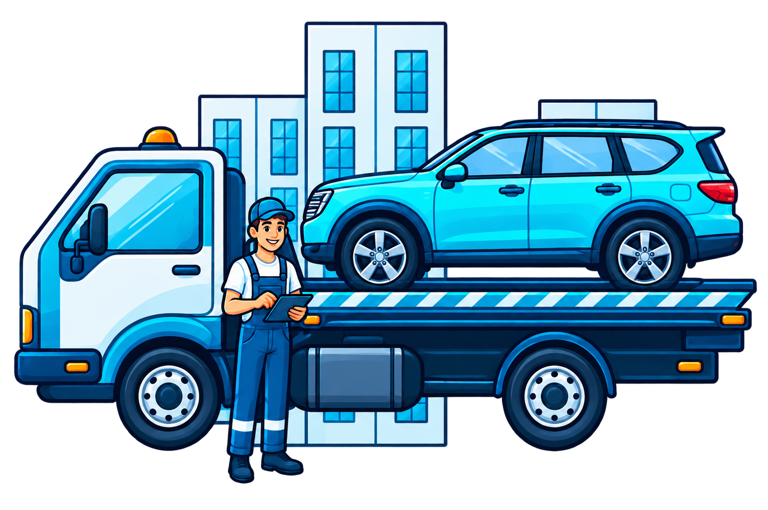 Grúa transportando un carro en su plataforma